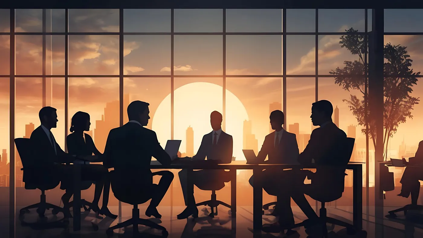 Business team meeting at a boardroom table at sunset
