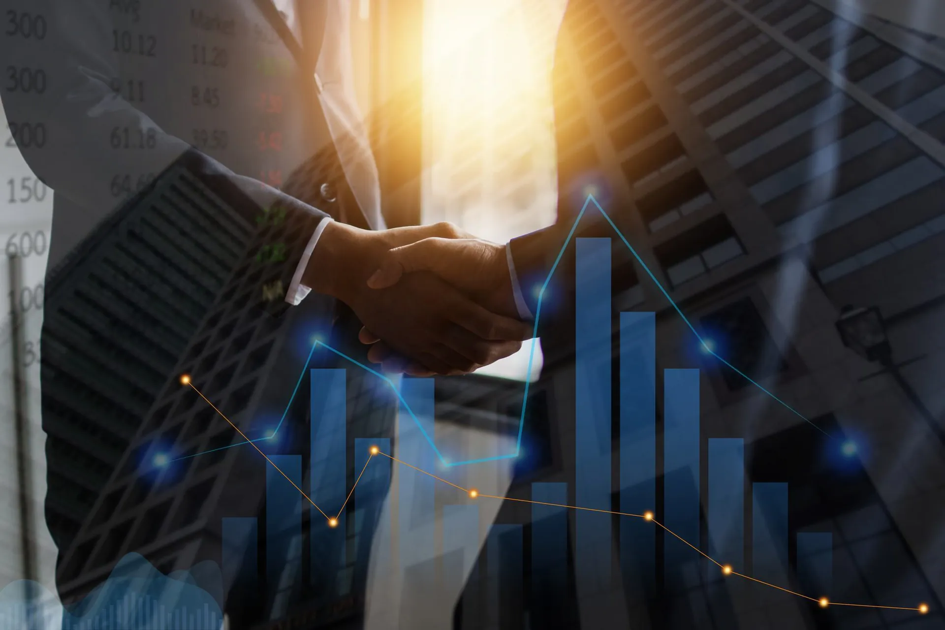 Business handshake over a rising investment chart